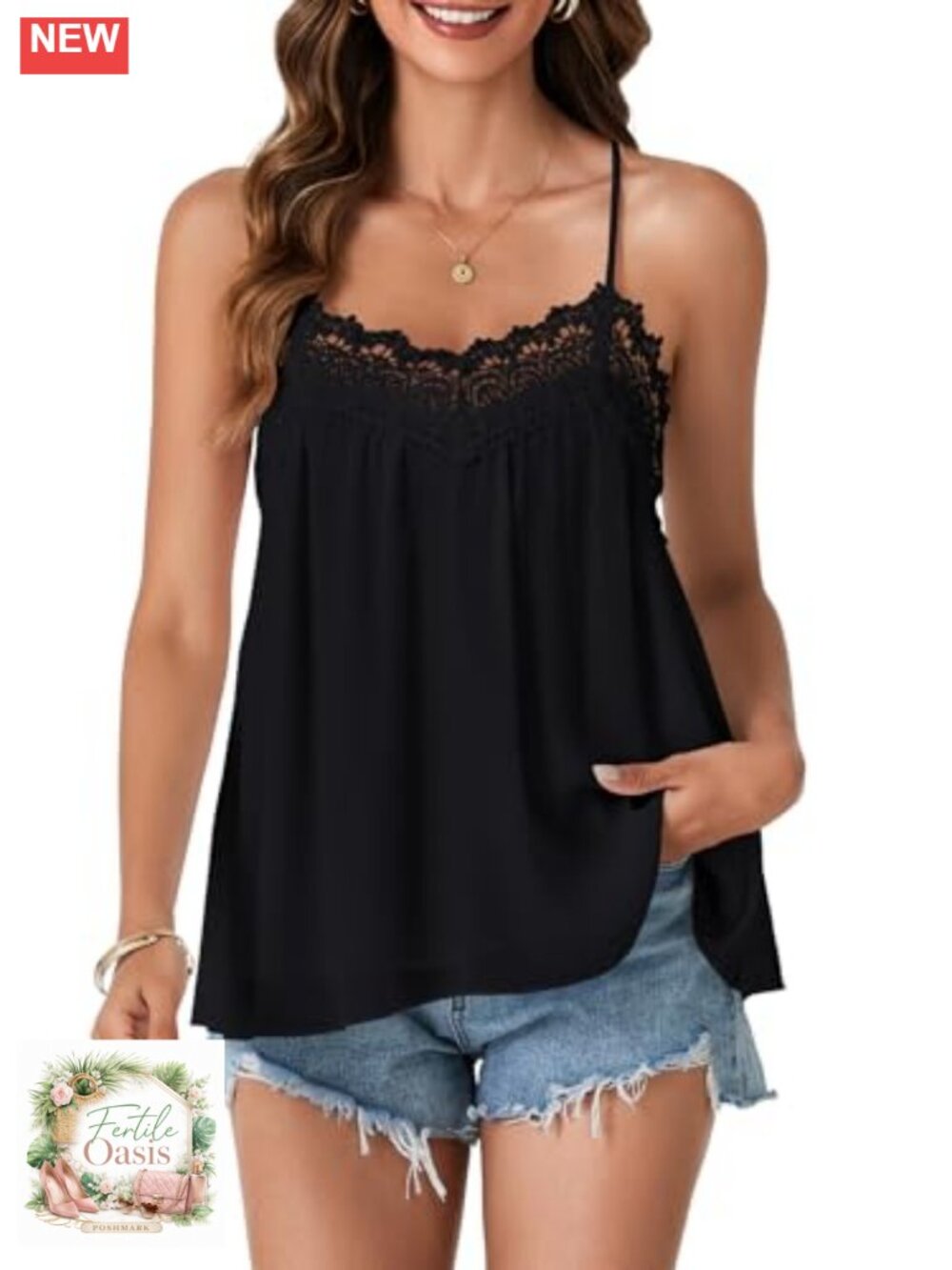 Flowy Sleeveless Tank Top with Lace Trim V-Neck